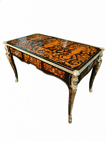 Inlaid desk with floral and animals depictions and applications in gilded bronze, 19th century