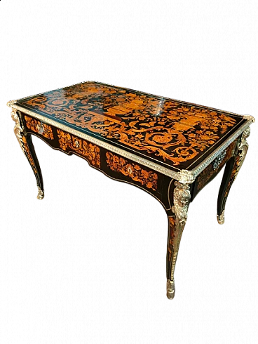 Inlaid desk with floral and animals depictions and applications in gilded bronze, 19th century