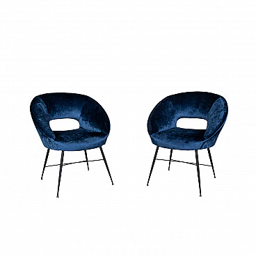 Pair of blue velvet n armchairs by Silvio Cavatorta, 1950s