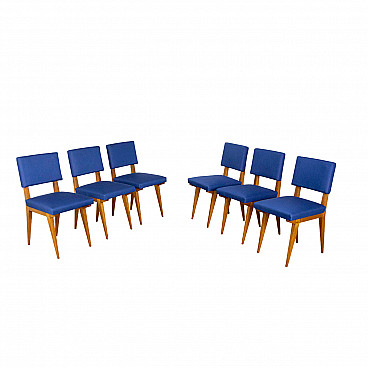 6 Ash and blue fabric chairs, 1960s