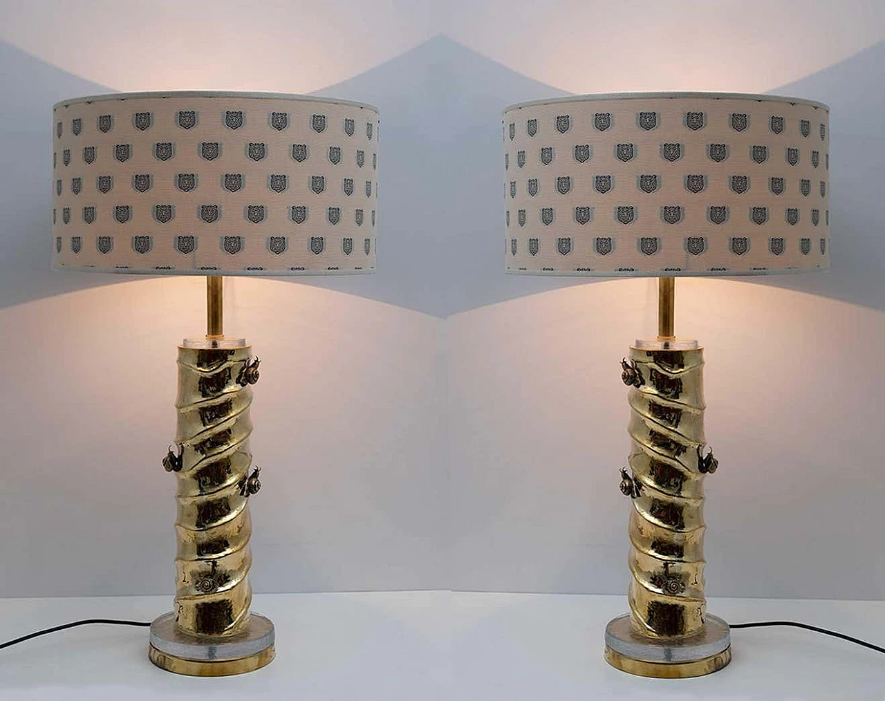 Pair of cast brass and Murano glass table lamps with Gucci fabric, 2000s 1