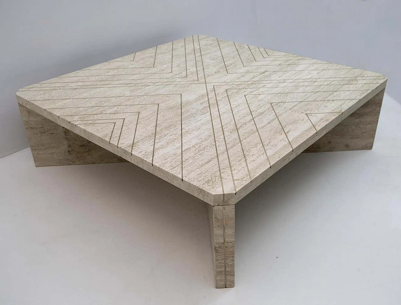 Travertine coffee table with brass inlays by Willy Rizzo, 1970s 2