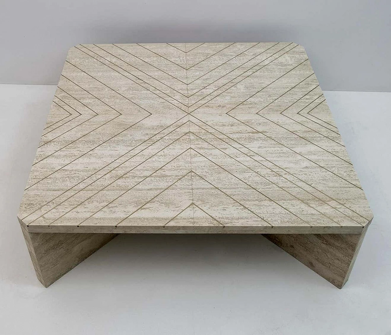 Travertine coffee table with brass inlays by Willy Rizzo, 1970s 3