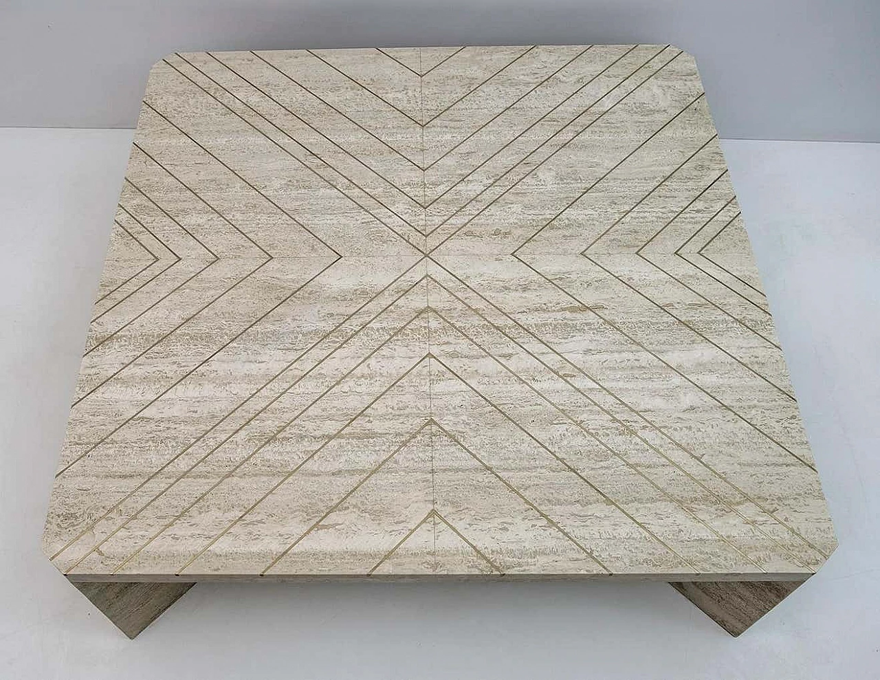 Travertine coffee table with brass inlays by Willy Rizzo, 1970s 4
