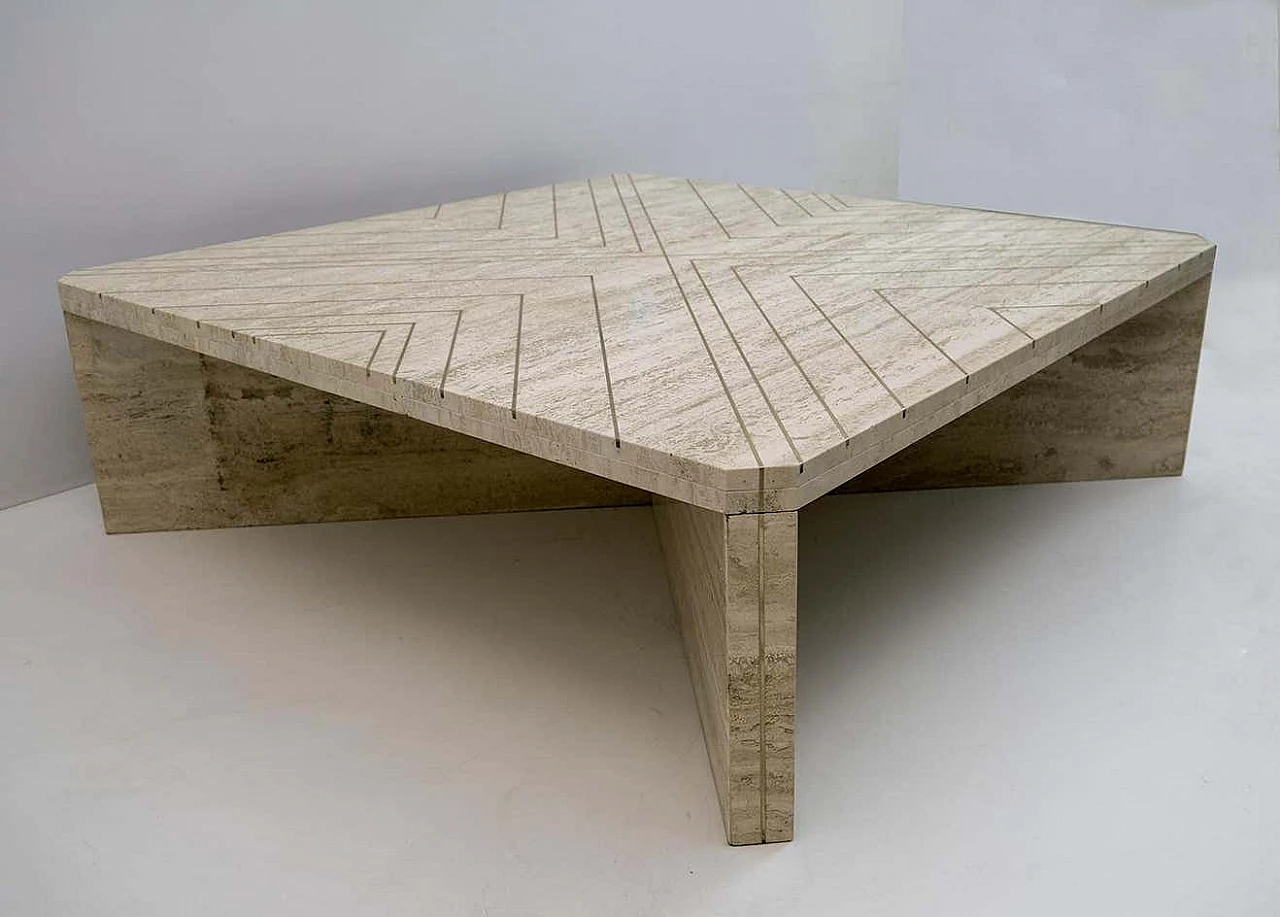 Travertine coffee table with brass inlays by Willy Rizzo, 1970s 5