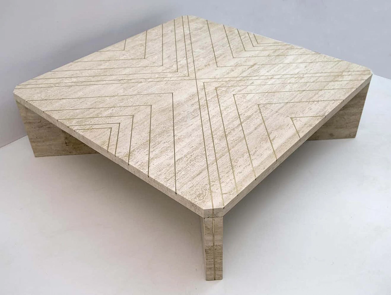Travertine coffee table with brass inlays by Willy Rizzo, 1970s 6