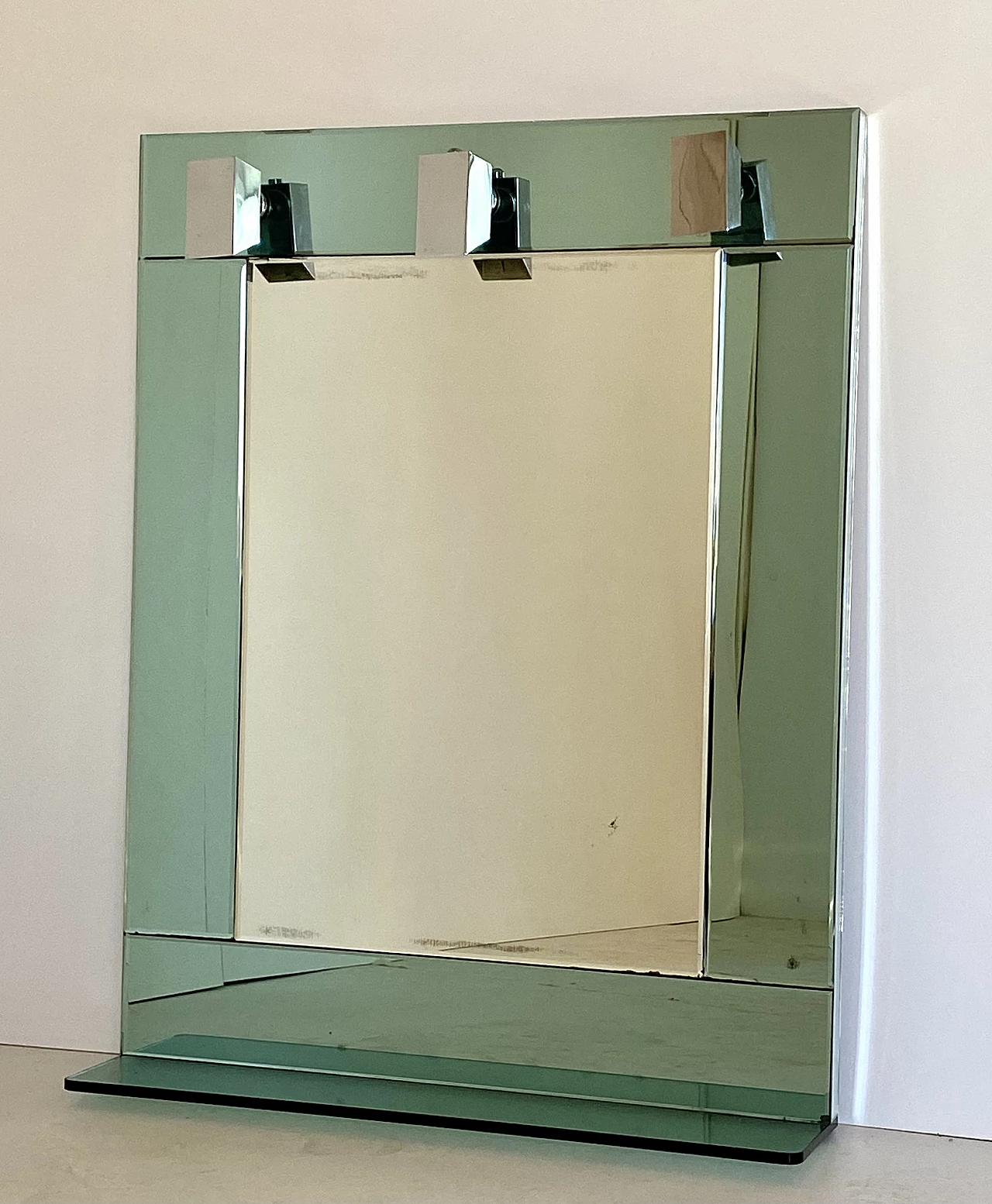 Specchio con cornice in vetro color acqua marina e tre punti luce, anni '60 2