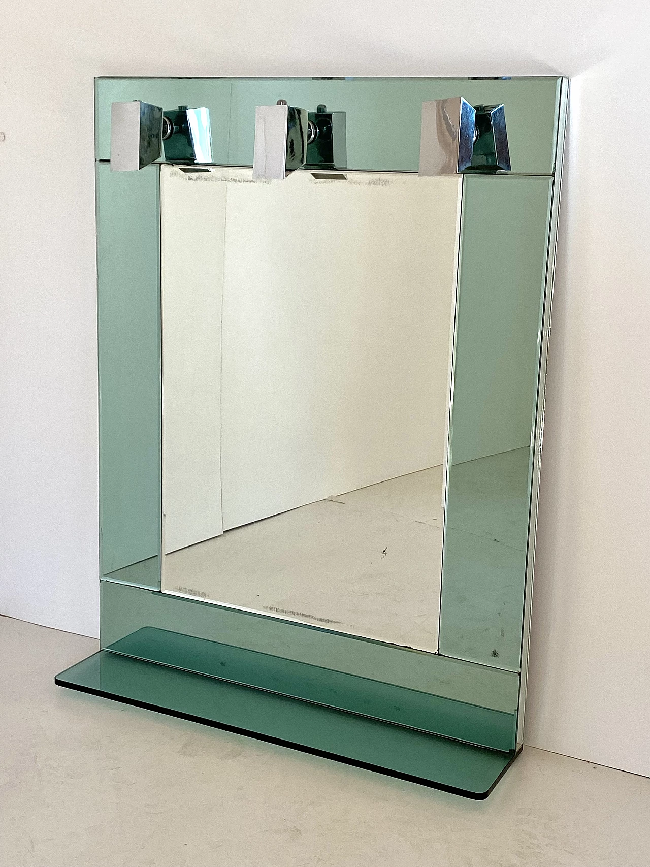 Specchio con cornice in vetro color acqua marina e tre punti luce, anni '60 11