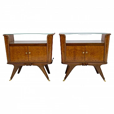 Coppia di comodini in radica Art Déco con ripiani in vetro, anni '30