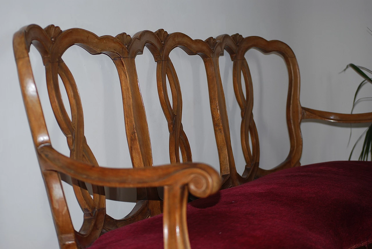 Divano stile Chippendale in legno e velluto bordeaux, inizio '900 3