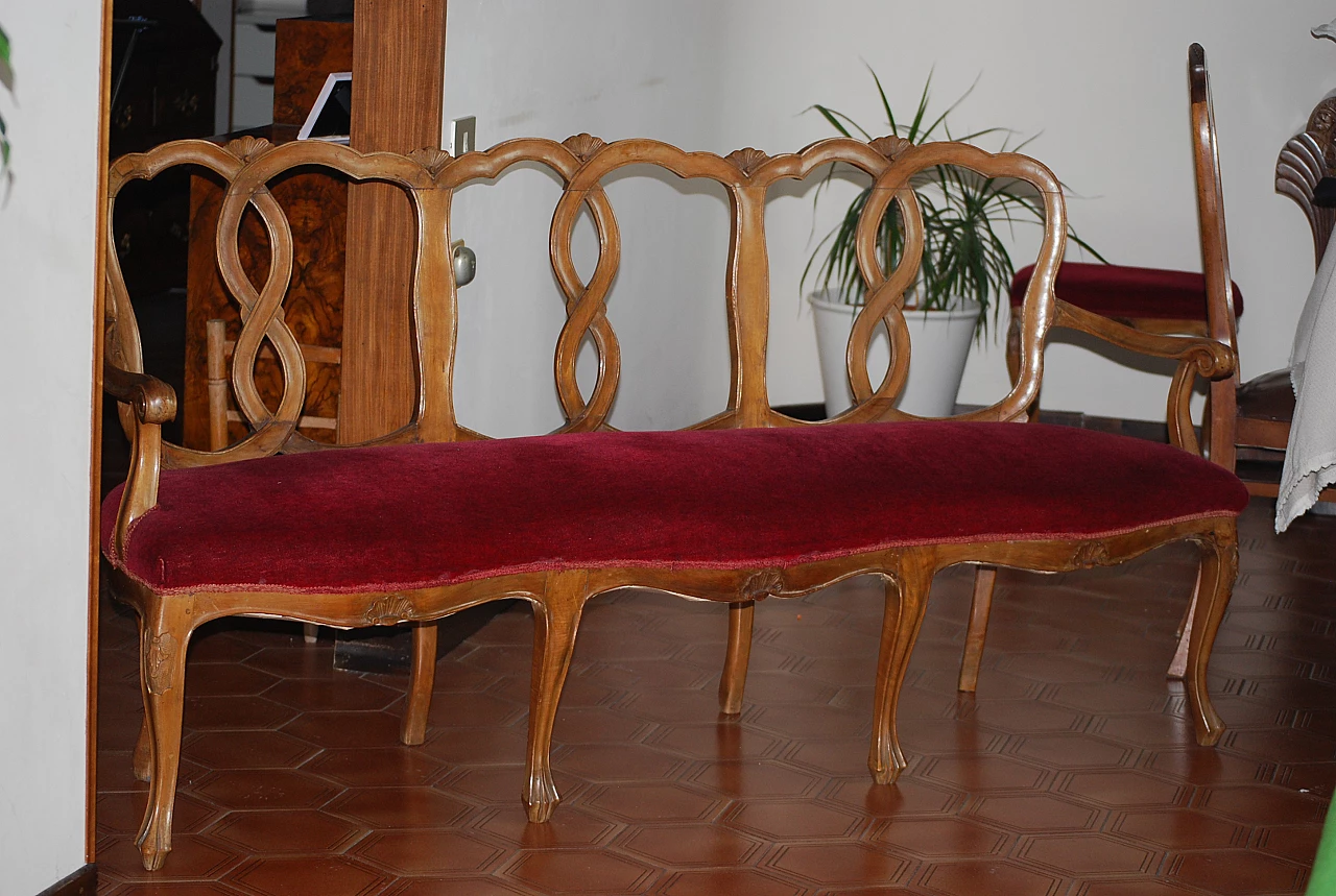 Divano stile Chippendale in legno e velluto bordeaux, inizio '900 5