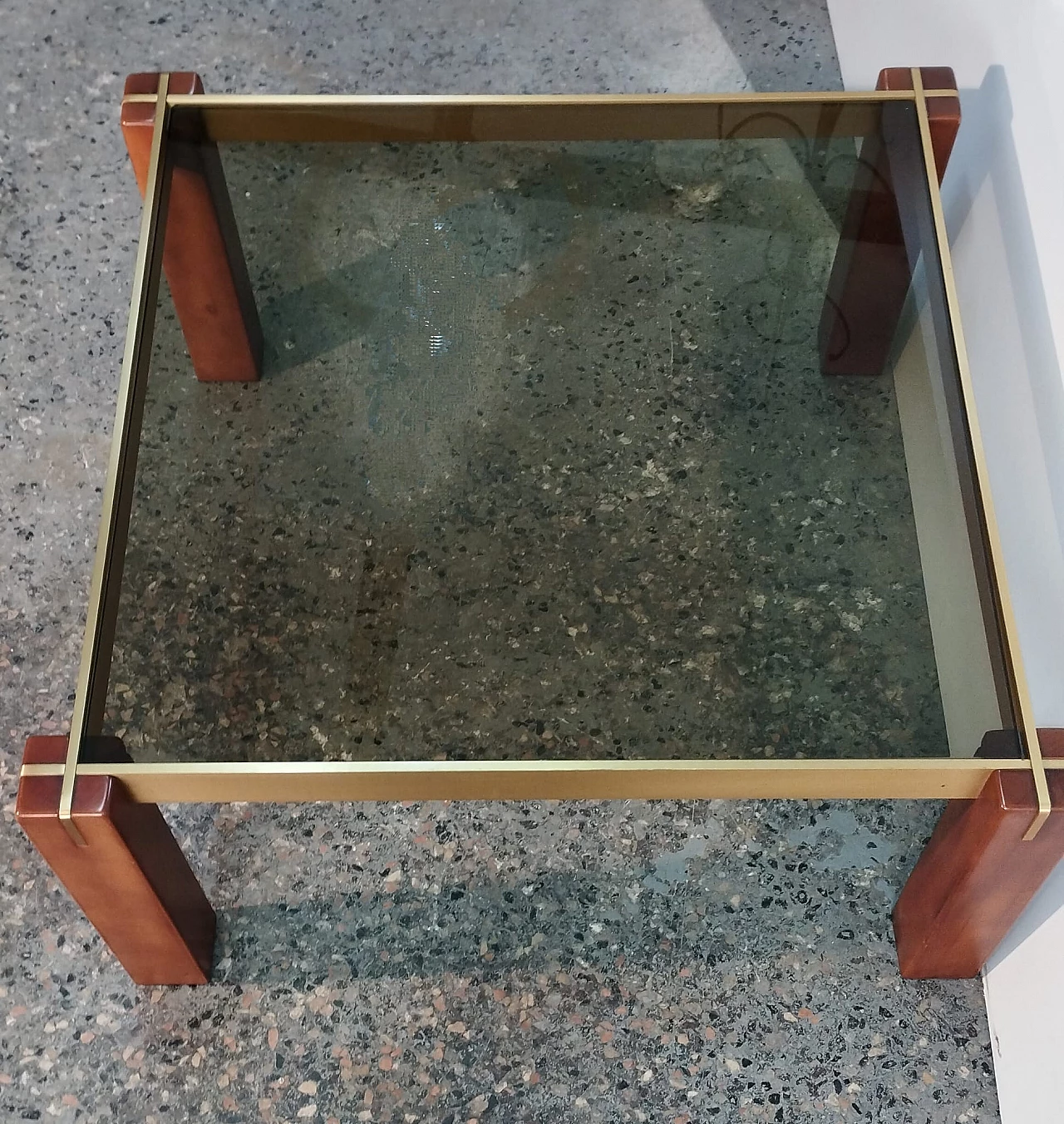 Square beech and brass coffee table with smoked glass top, 1960s 4