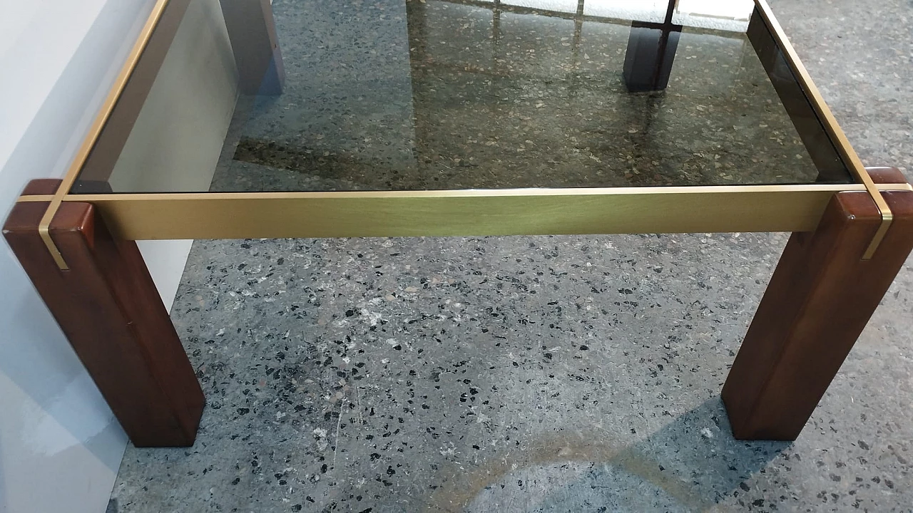 Square beech and brass coffee table with smoked glass top, 1960s 11