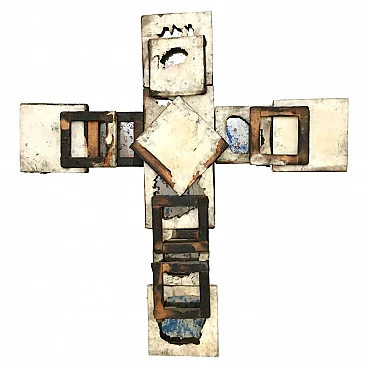 Holy Cross in metal, glass, wood and burnt canvas, 2000s