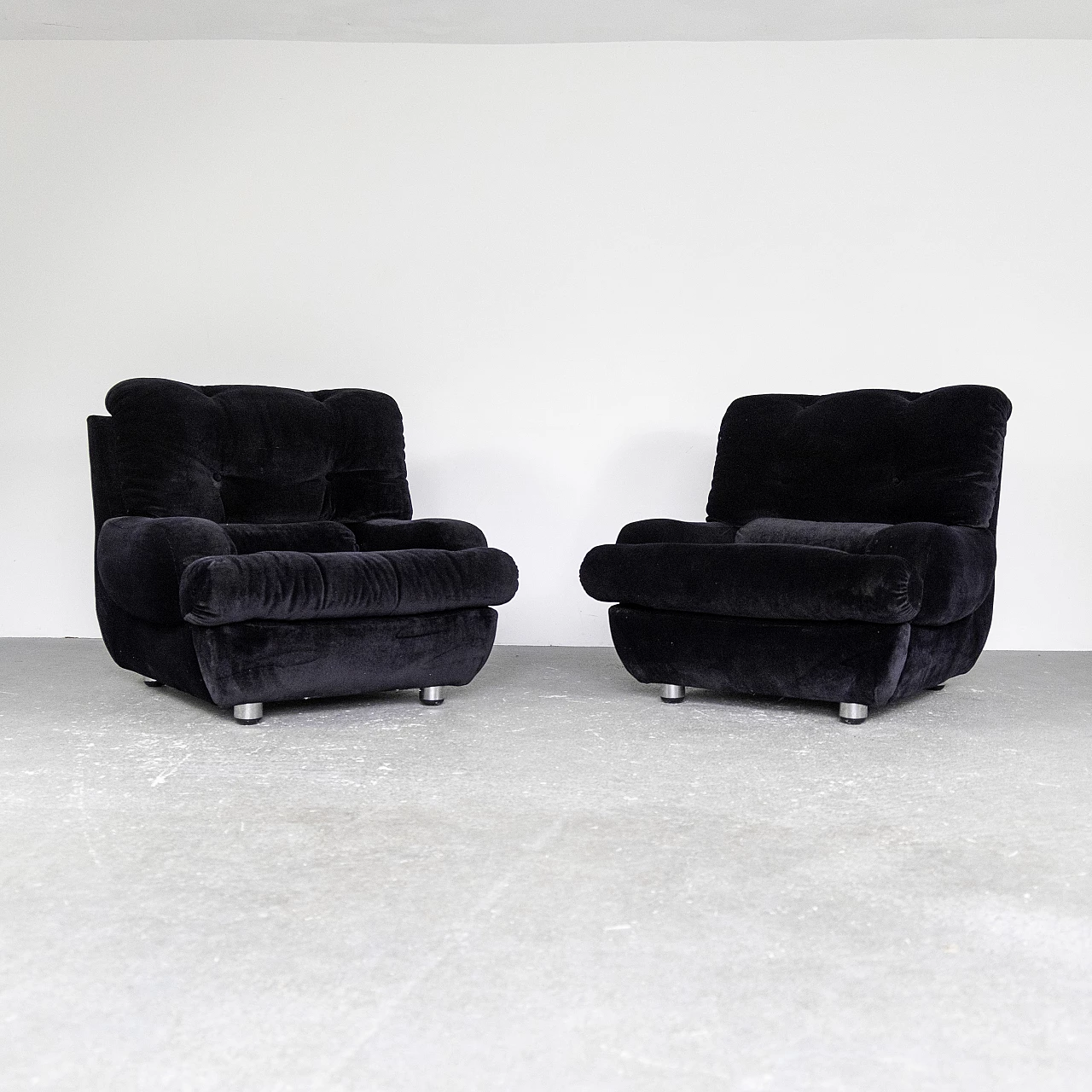 Pair of black velvet armchairs, 1970s 1