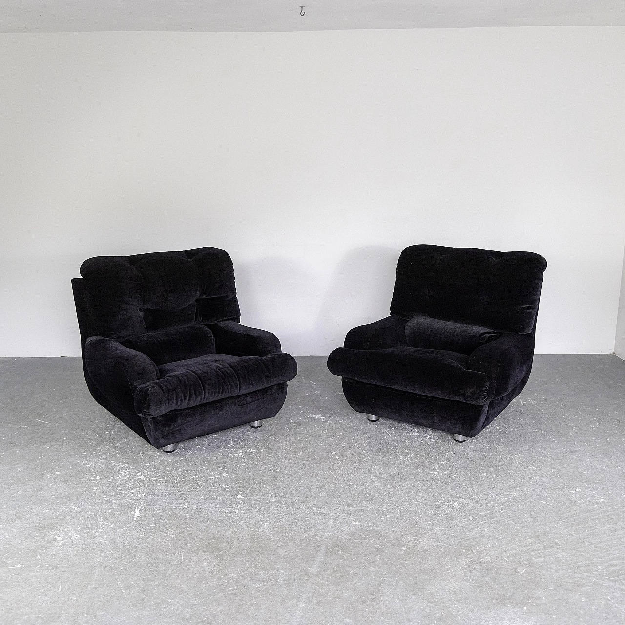 Pair of black velvet armchairs, 1970s 2