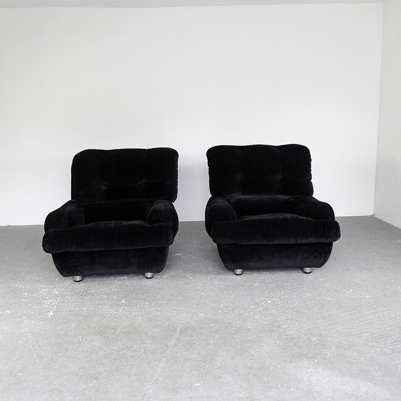 Pair of black velvet armchairs, 1970s 3