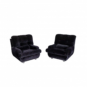 Pair of black velvet armchairs, 1970s