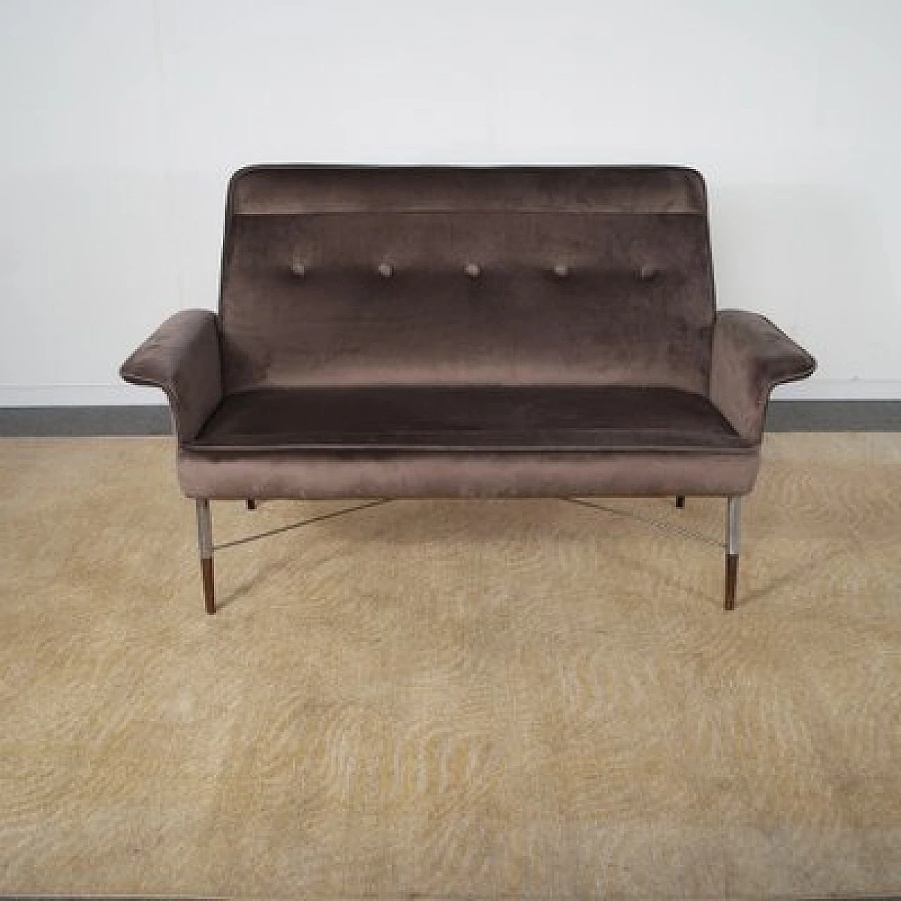 Divano in metallo, legno e velluto marrone, anni '60 1