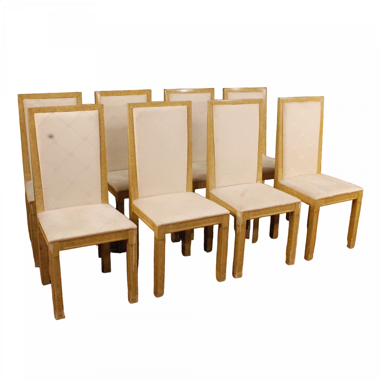 8 Sedie in legno laccato e dipinto rivestite in tessuto, anni '60 13