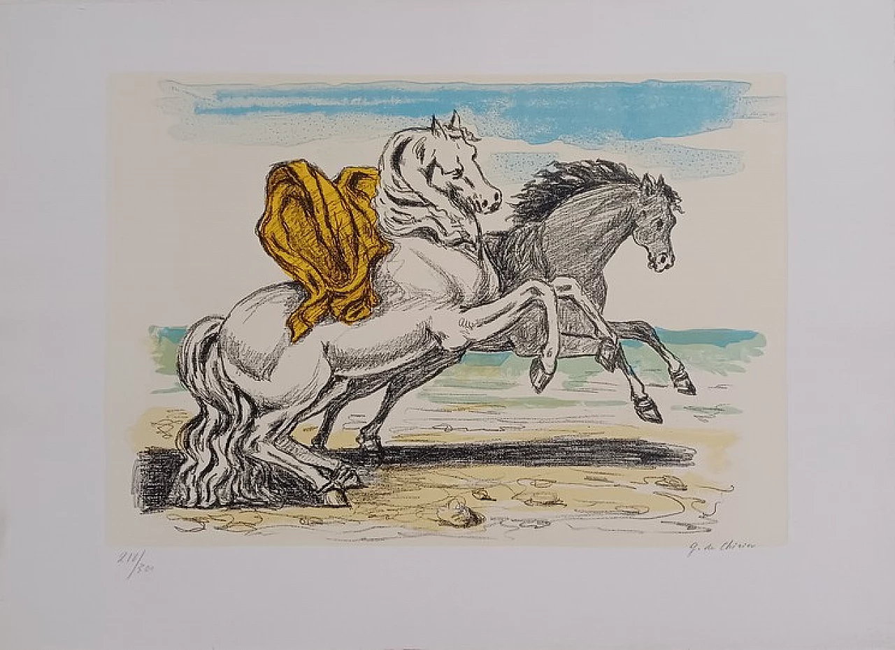 Cavalli sulla spiaggia, lithograph by Giorgio de Chirico, 1970s 1