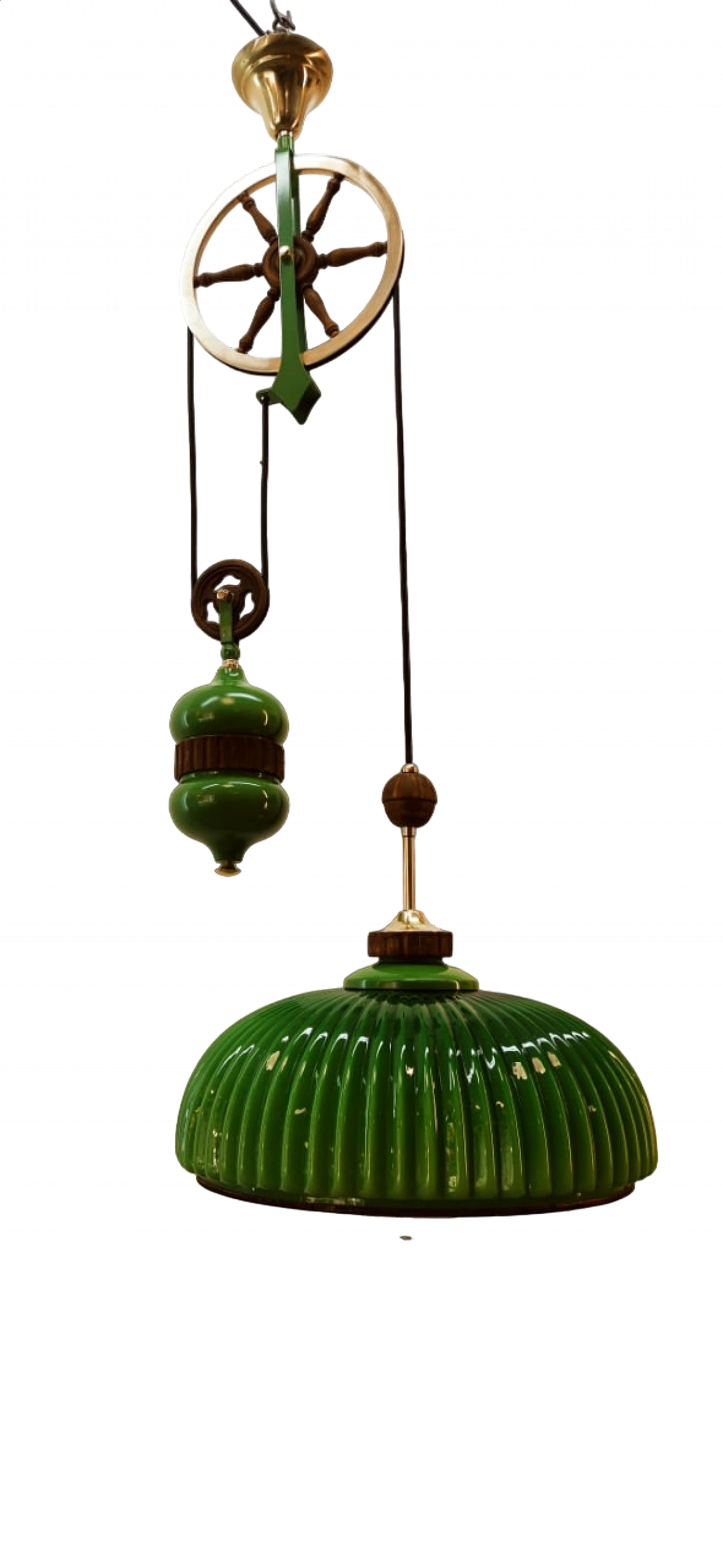 Lampada in vetro di Murano verde con carrucola in ottone e legno, anni '70 36