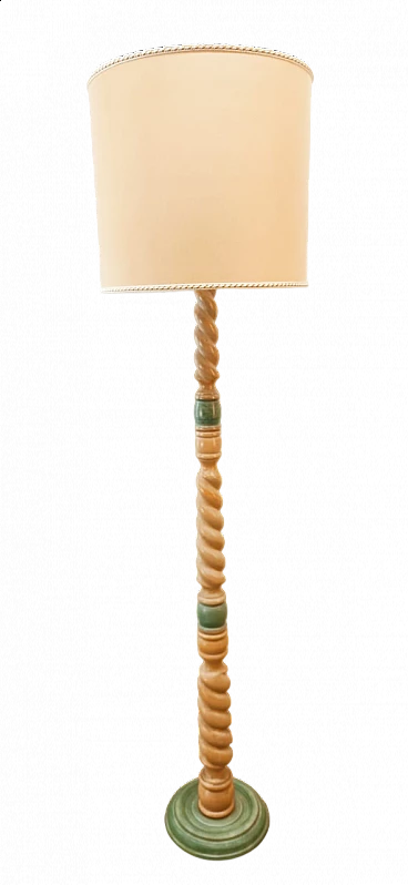 Wood floor lamp with fabric lampshade, 1970s