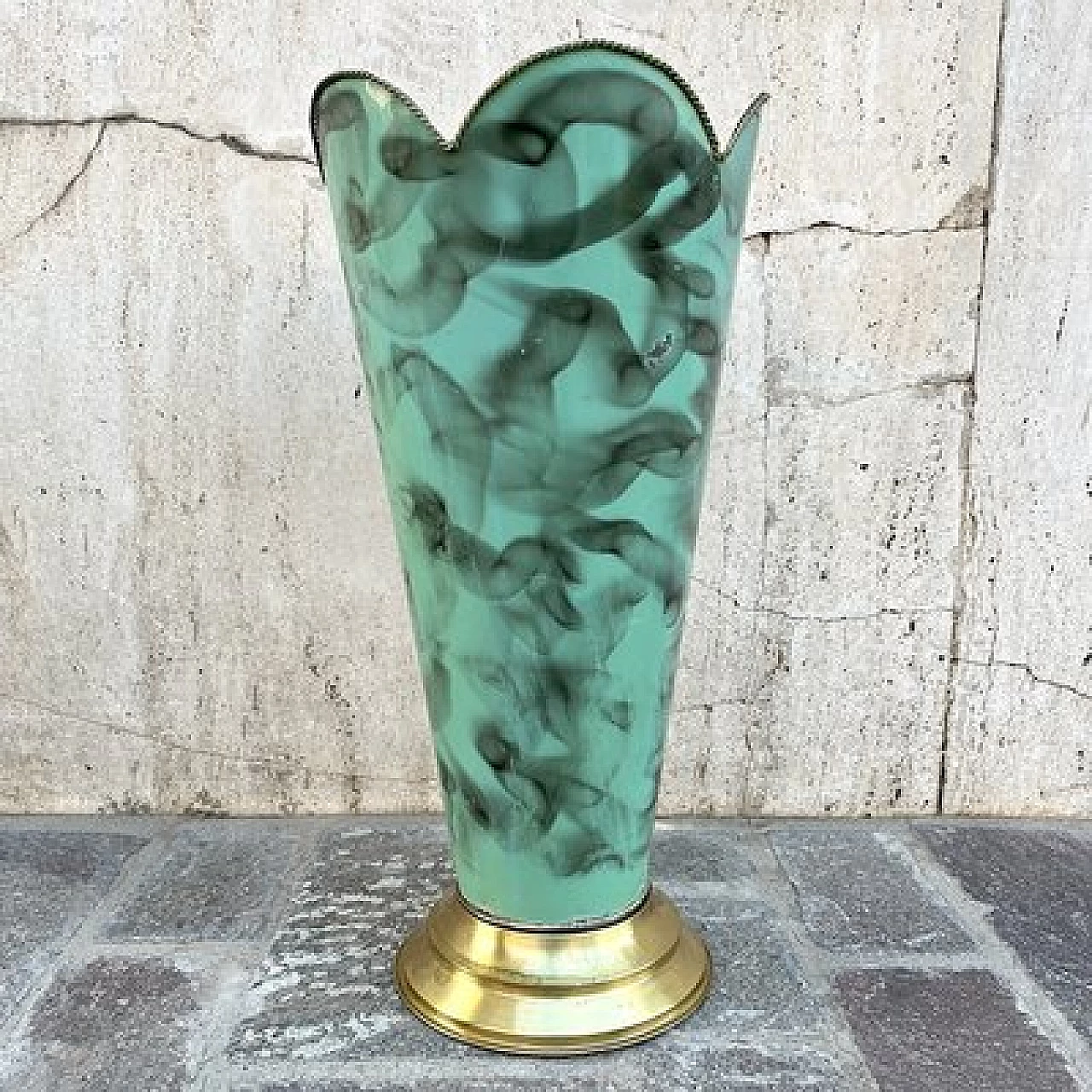 Green and black metal umbrella stand with brass base, 1950s 1