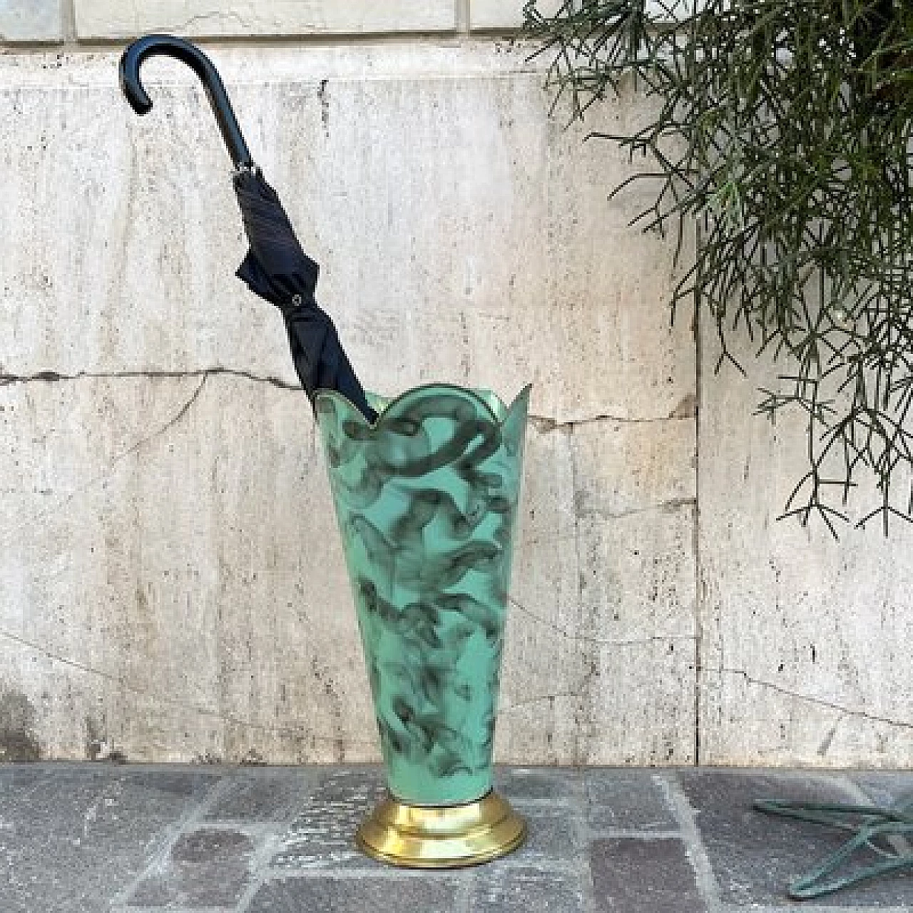 Green and black metal umbrella stand with brass base, 1950s 2