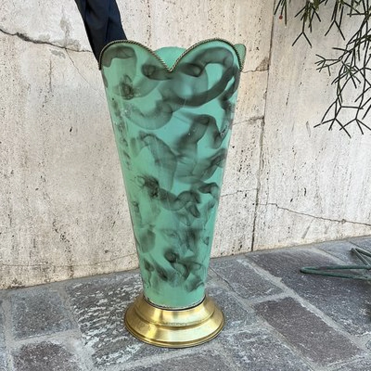 Green and black metal umbrella stand with brass base, 1950s 3