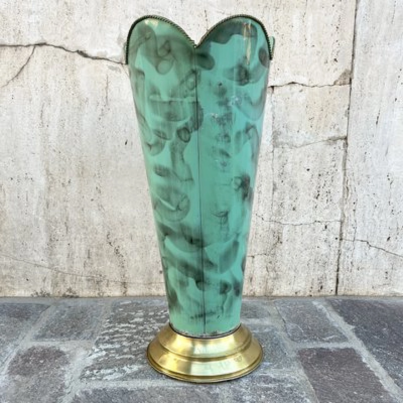 Green and black metal umbrella stand with brass base, 1950s 4