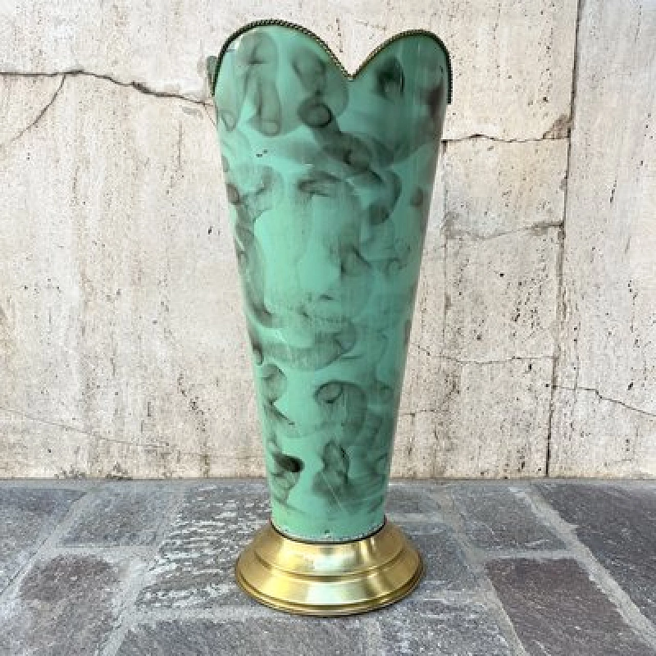 Green and black metal umbrella stand with brass base, 1950s 5