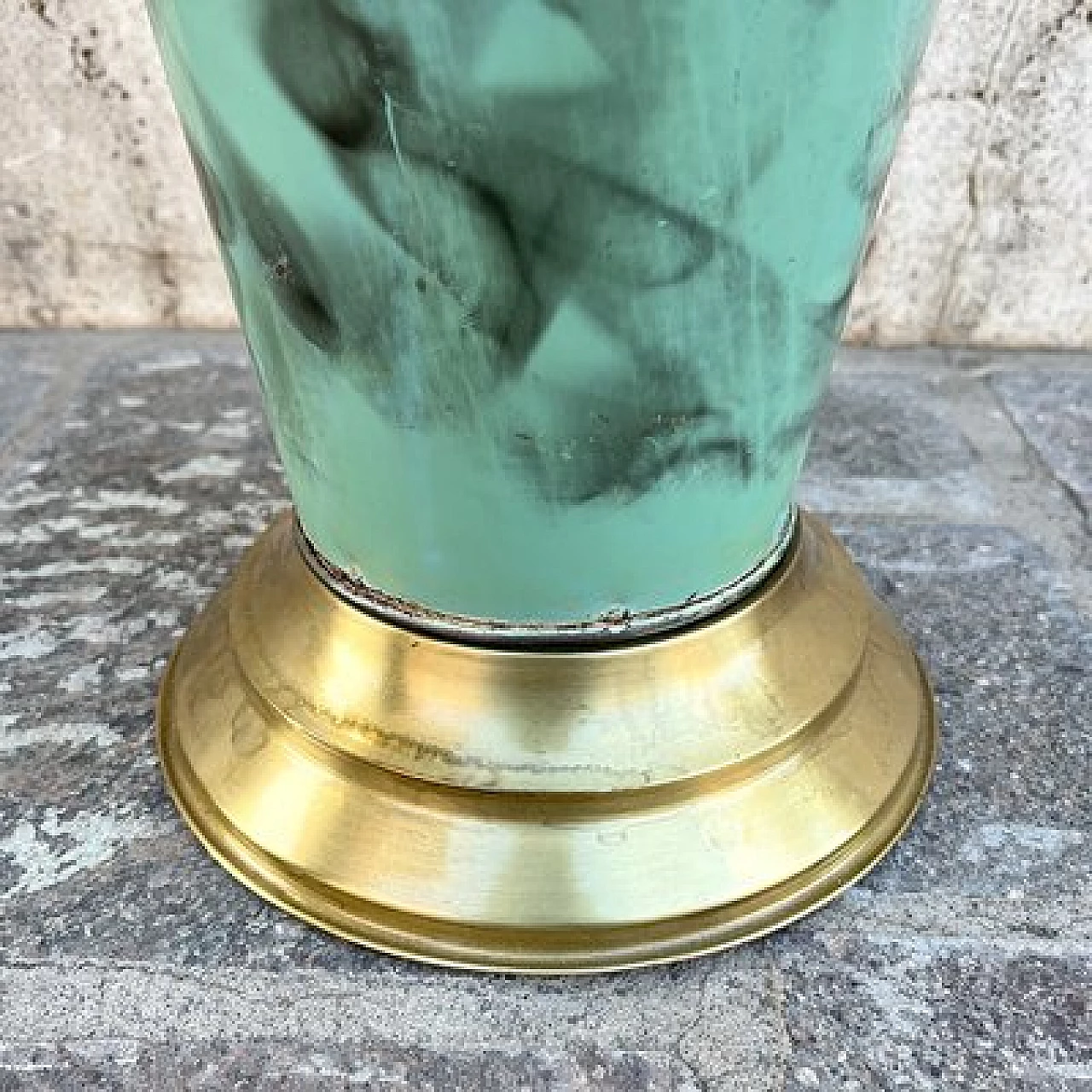 Green and black metal umbrella stand with brass base, 1950s 9