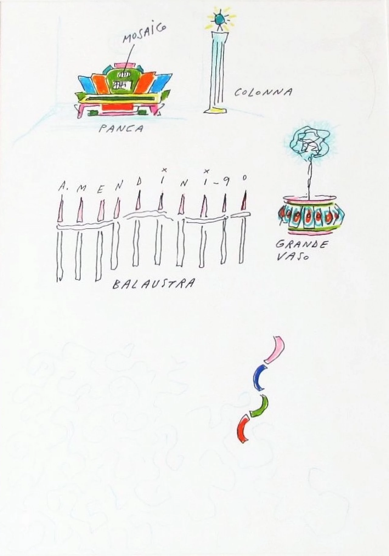 Alessandro Mendini, Cementificio Merone: arredo urbano, disegno a pennarello e matite su carta, 1990 5