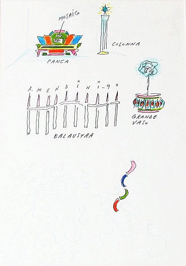Alessandro Mendini, Cementificio Merone: street furniture, marker drawing and pencils on paper, 1990