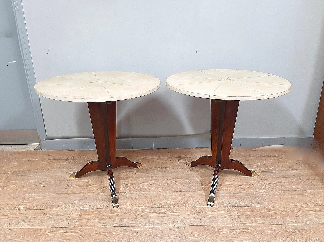 Pair of Art Deco rosewood, parchment and brass coffee tables, 1950s 1