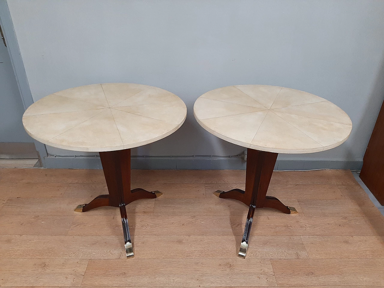 Pair of Art Deco rosewood, parchment and brass coffee tables, 1950s 2