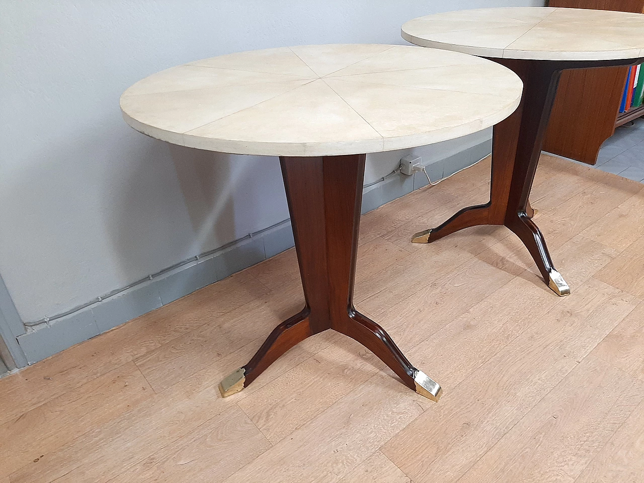 Pair of Art Deco rosewood, parchment and brass coffee tables, 1950s 3
