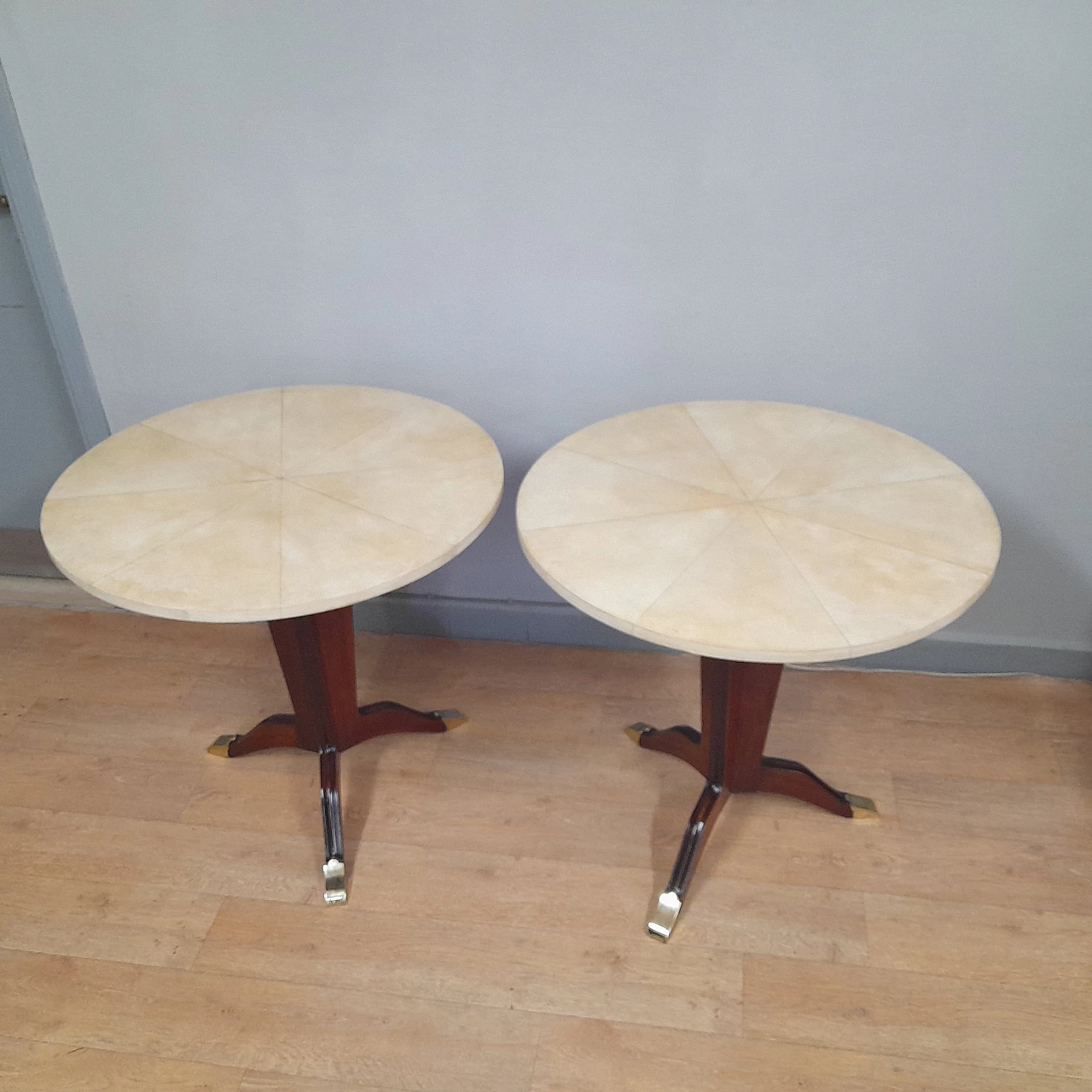 Pair of Art Deco rosewood, parchment and brass coffee tables, 1950s 5