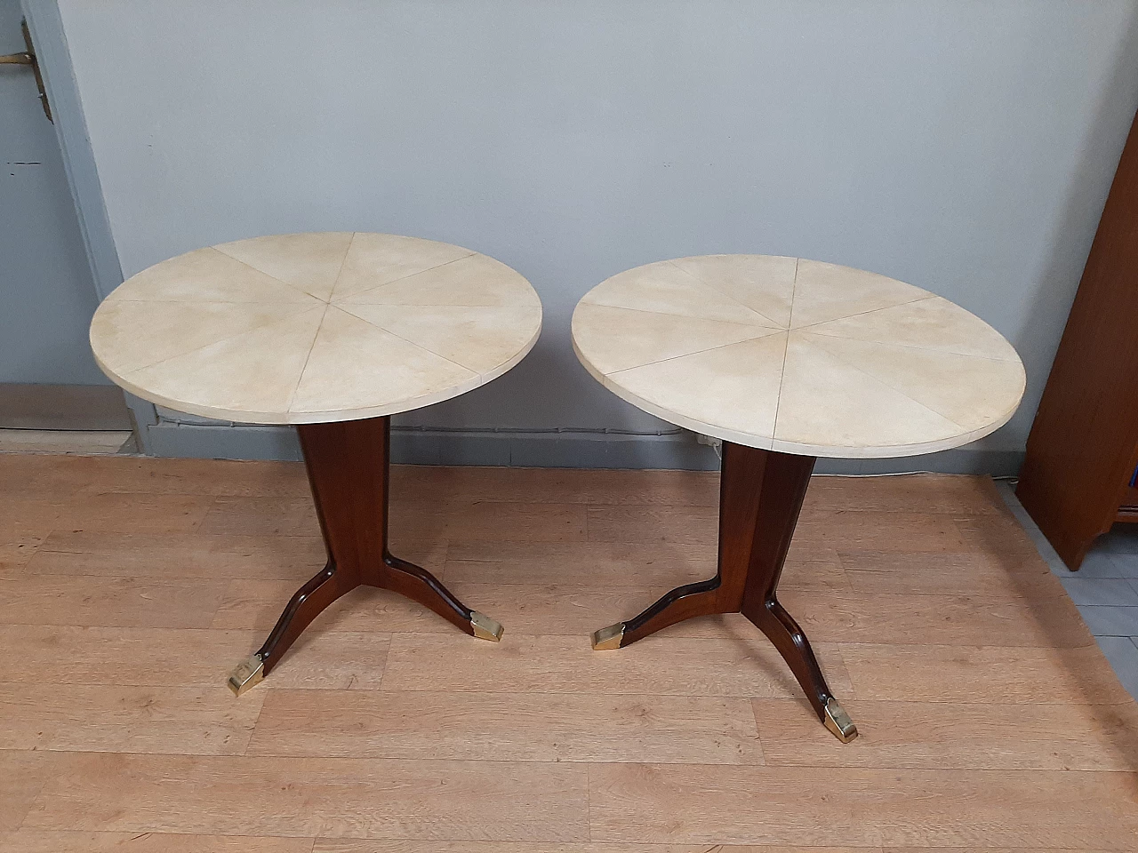 Pair of Art Deco rosewood, parchment and brass coffee tables, 1950s 8