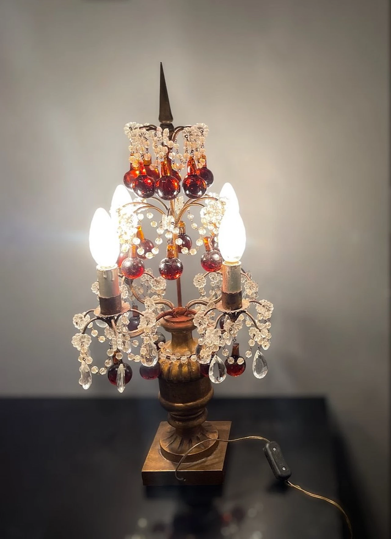 Lampada da tavolo in vetro ambrato, trasparente e dorato, anni '40 4