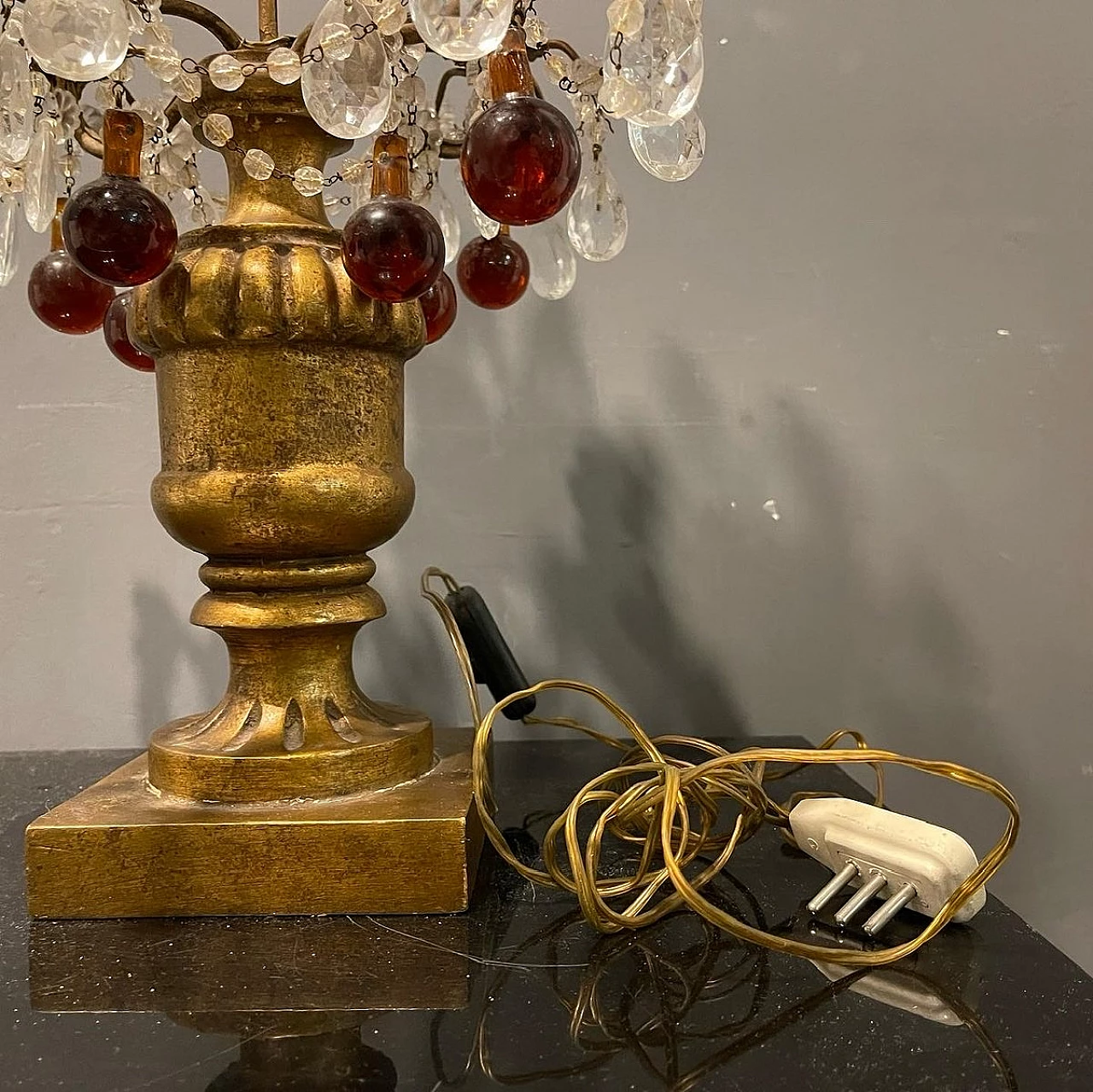 Lampada da tavolo in vetro ambrato, trasparente e dorato, anni '40 6