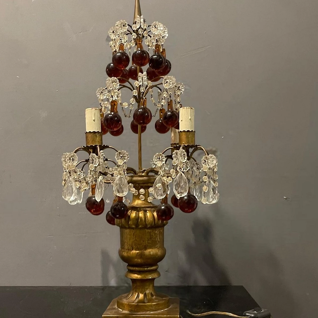 Lampada da tavolo in vetro ambrato, trasparente e dorato, anni '40 7