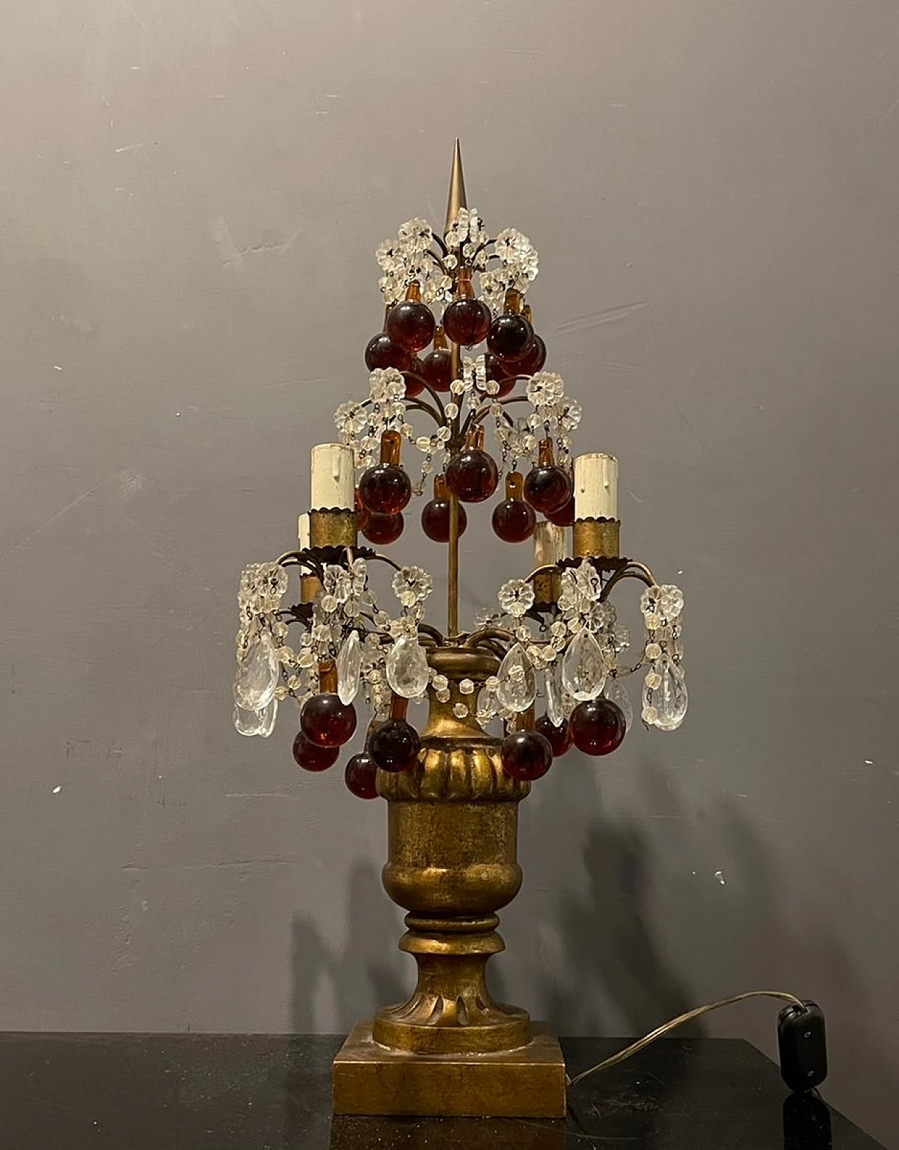 Lampada da tavolo in vetro ambrato, trasparente e dorato, anni '40 8