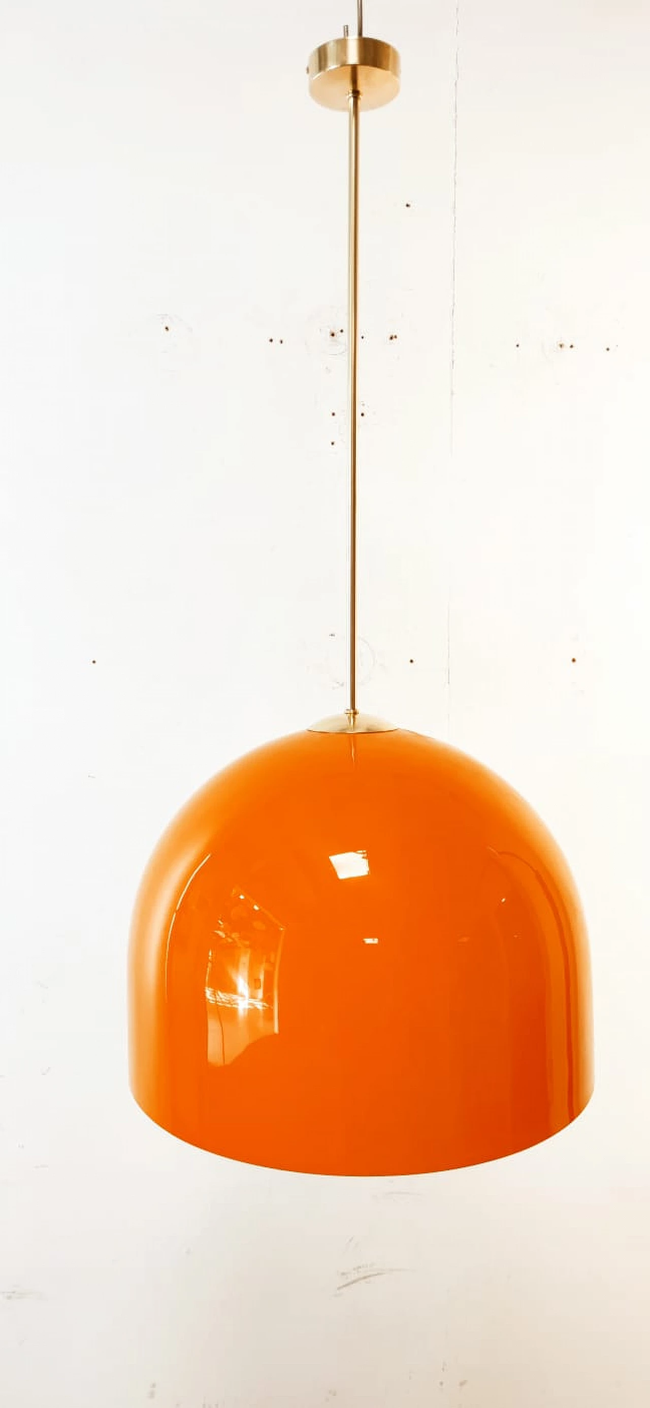 Orange polycarbonate and brass hanging lamp, 1960s 4