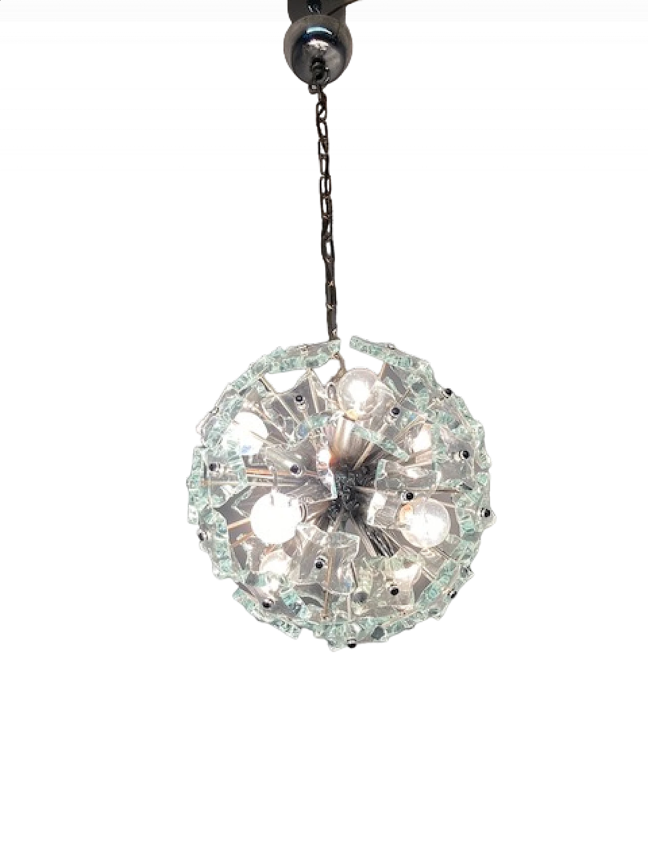 Sputnik eight-light frosted glass chandelier for Fontana Arte, 1968 16
