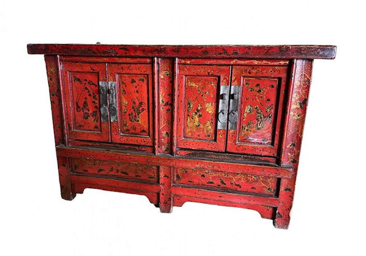 Credenza cinese in legno laccato rosso, inizio '900 1