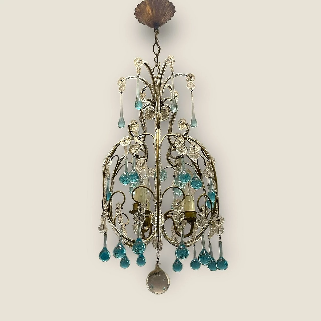 Light blue Murano glass drop chandelier with crystal beads, 1960s 1