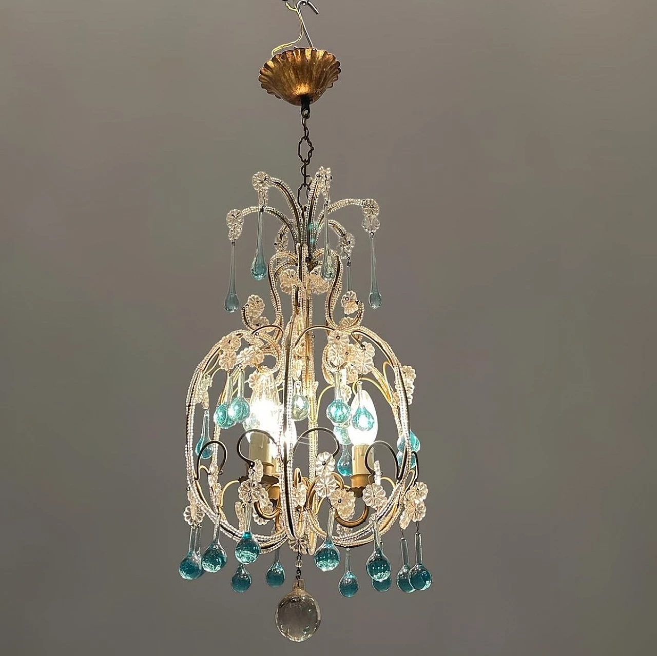 Light blue Murano glass drop chandelier with crystal beads, 1960s 7