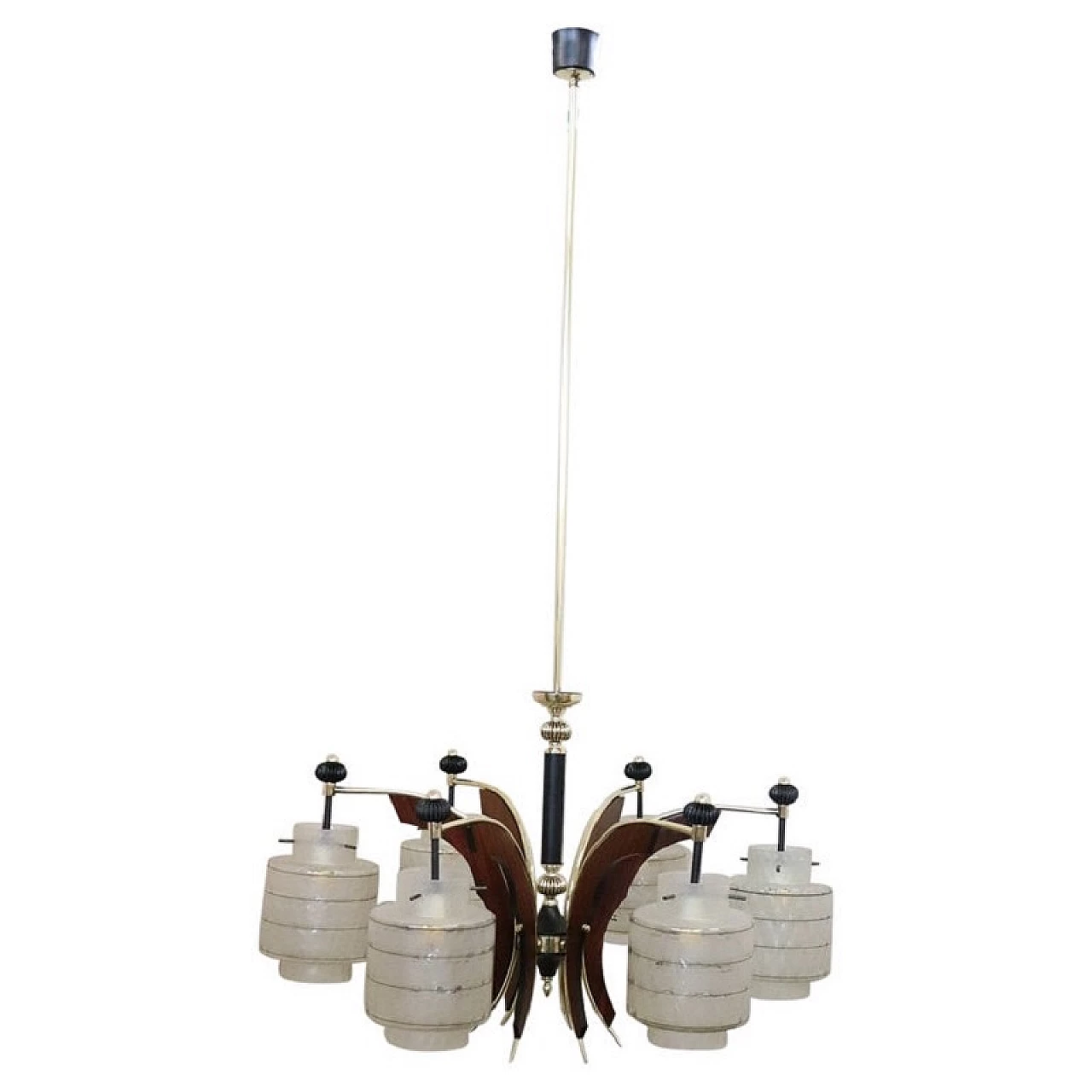 Brass, glass and wood chandelier in the style of Stilnovo, 1950s 1
